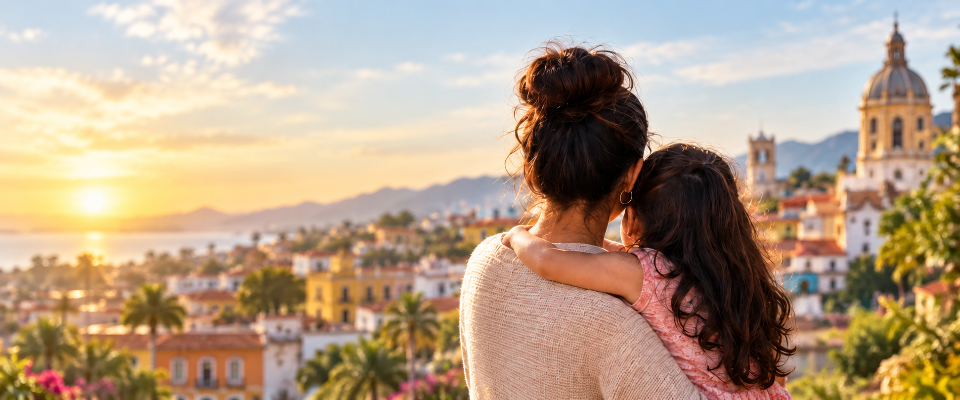 Mujer y niña abrazadas mirando una ciudad latinoamericana